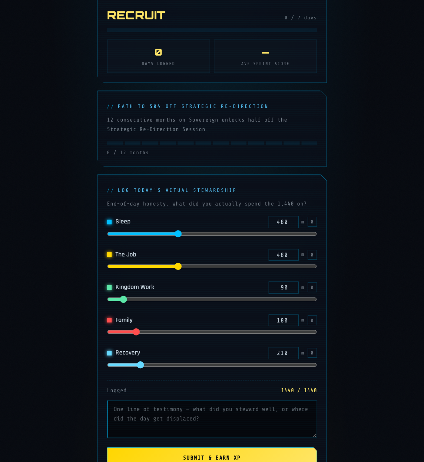 Archive screen with the Stewardship Rank card and daily log